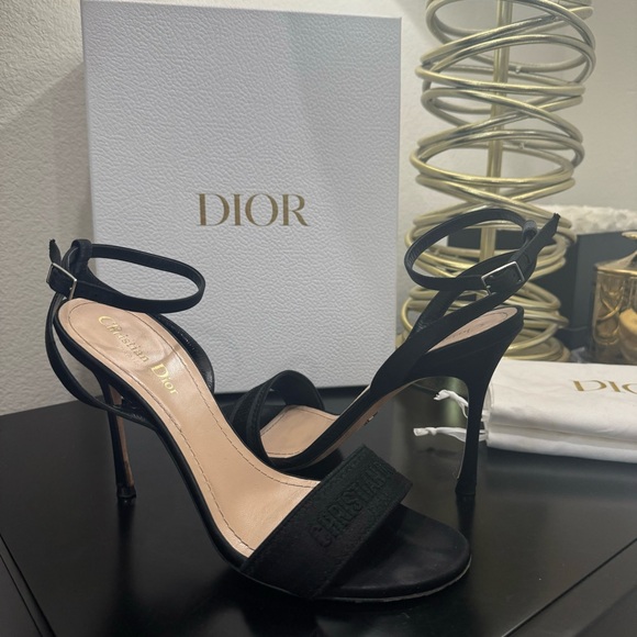 Christian Dior Dway Embroidered Logo Sandal Heel Satin Black 39.5 - Picture 2 of 10